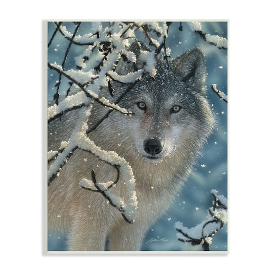 Stupell Industries Wolf Behind Snowy Branches Winter Wild Forest Animal Wall Plaque